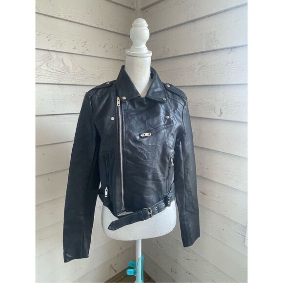 Lulus Women’s Faux Leather Moto Jacket Black L Belted Zippered - Picture 12 of 12